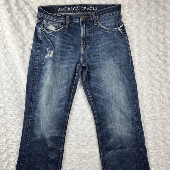 American Eagle Boot Cut Jeans Men's 32X32 Blue Dark Wash Denim Distressed - Picture 1 of 11